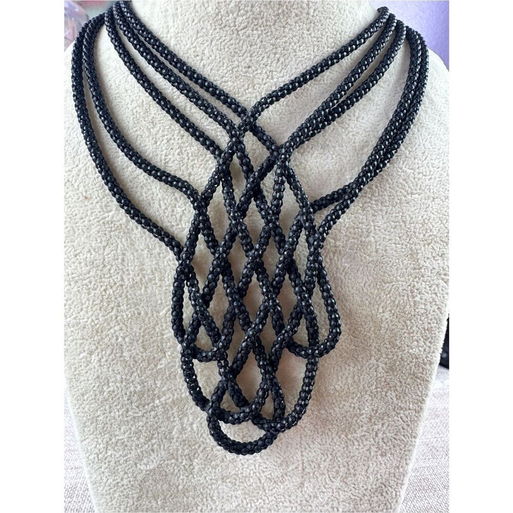 Black Multi-Strand Braided Statement Necklace -